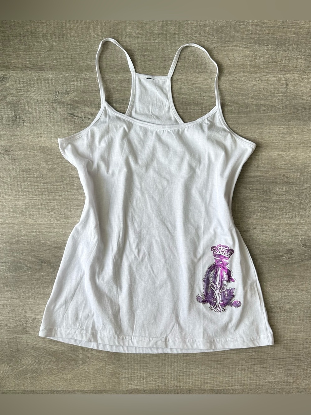 Y2K White Racerback Tank Top with Purple Crest Embroidery and gems
